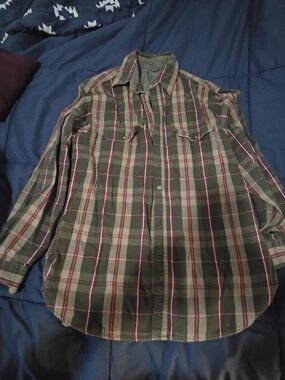 Faded Glory Olive Green Plaid Button-Down Shirt with Red Accents